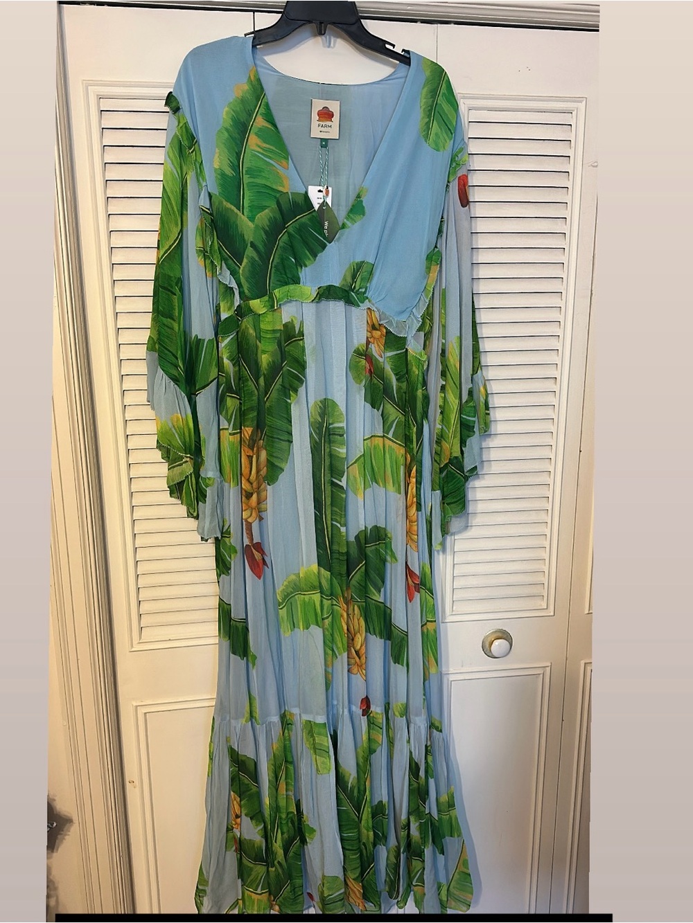 FARM Rio Light Blue Maxi Dress with Green Tropical Leaf Print